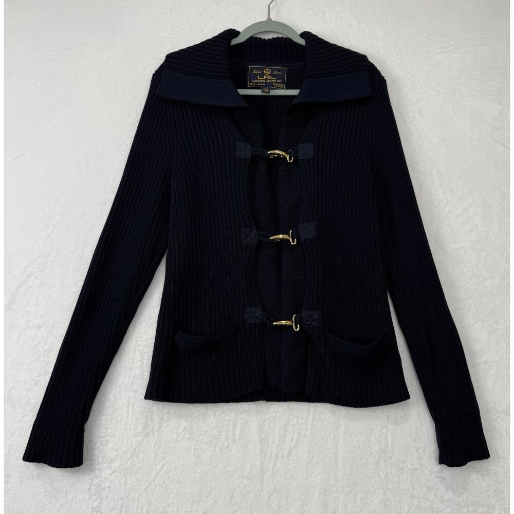 Ralph Lauren LRL Lauren Jeans Co. Navy Gold Toggle Chunky Sweater Size Large